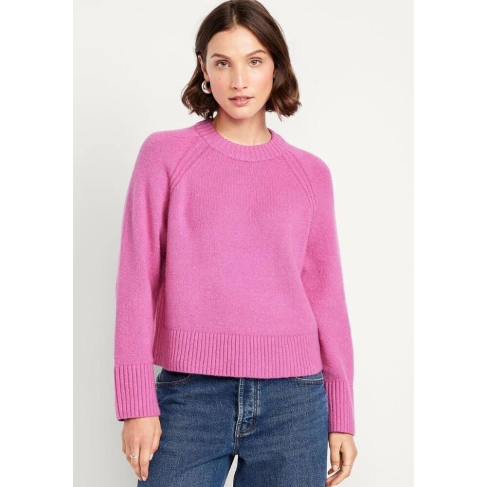 OLD NAVY Bright Orchid Sz Medium Soft Stretchy Crew Neck Roomy Cropped Sweater